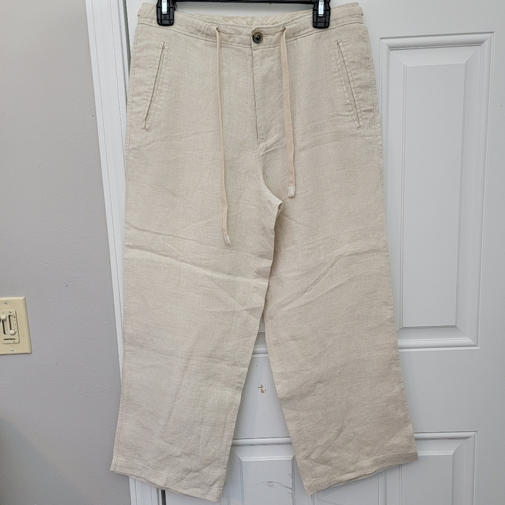 Tasso Elba Island 100% Linen Wide Leg Cropped Pants Natural Resortwear Size 30